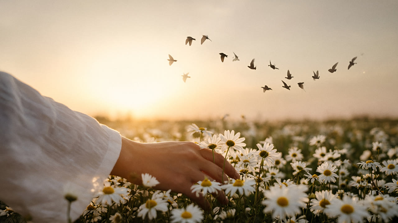 A hand resting among white daisies in warm evening light.